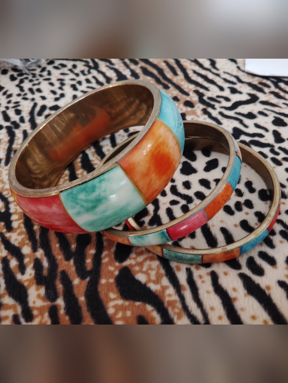 Vintage Multicolor Resin Inlay Bracelets - Turquoise, Orange, Coral